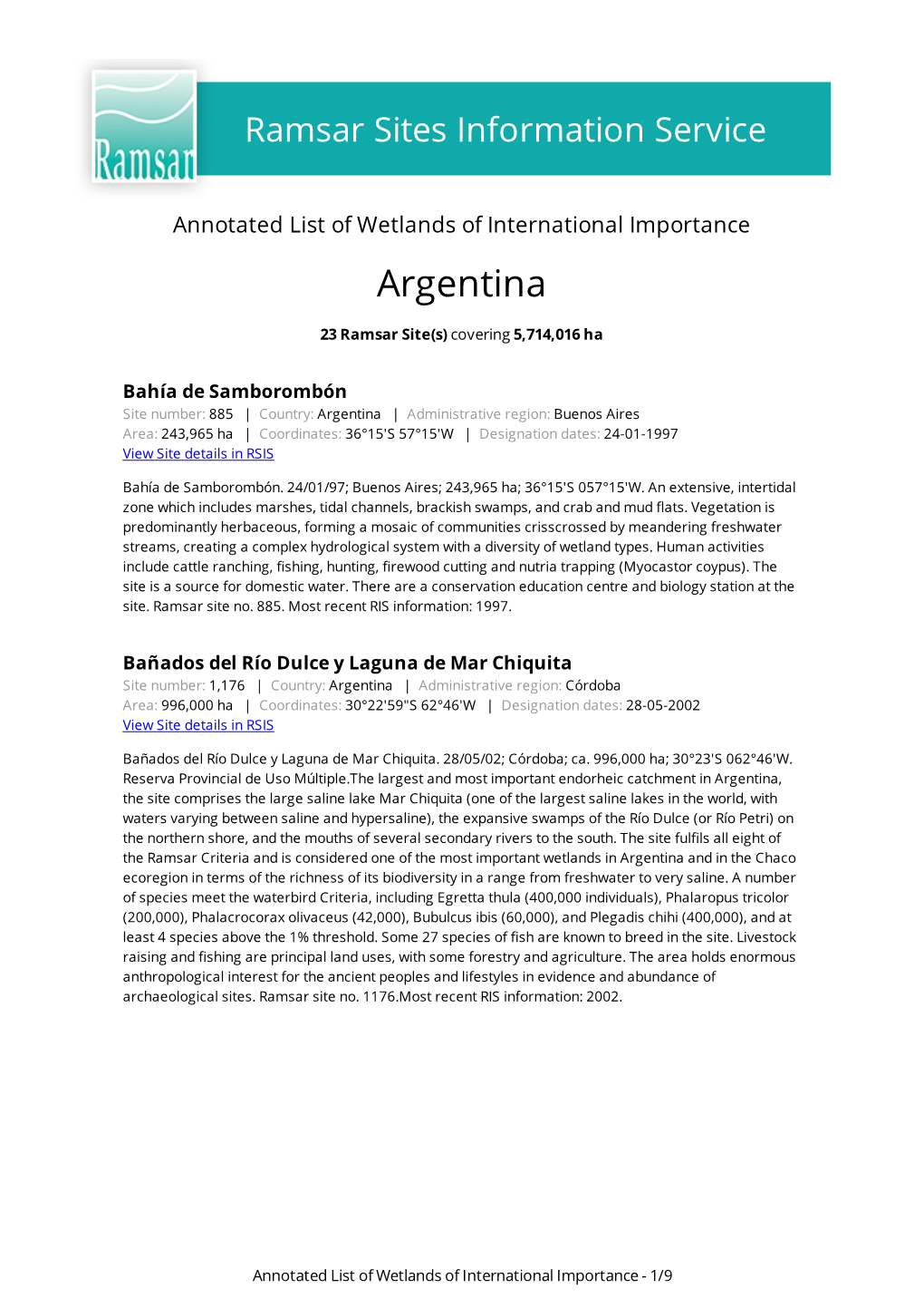 Annotated List of Wetlands of International Importance Argentina