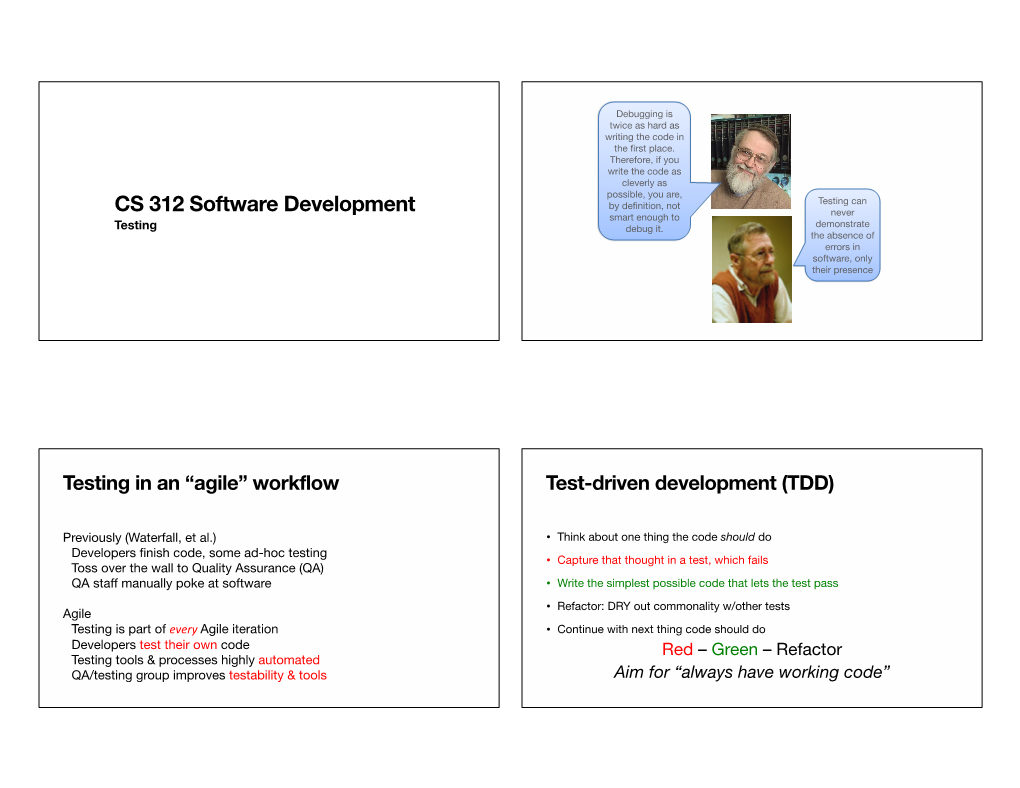 Testing Can by Deﬁnition, Not CS 312 Software Development Never Smart Enough to Demonstrate Testing Debug It