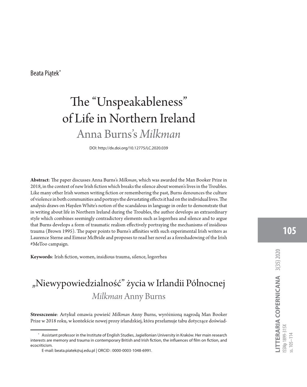 The “Unspeakableness” of Life in Northern Ireland Anna Burns’S Milkman DOI