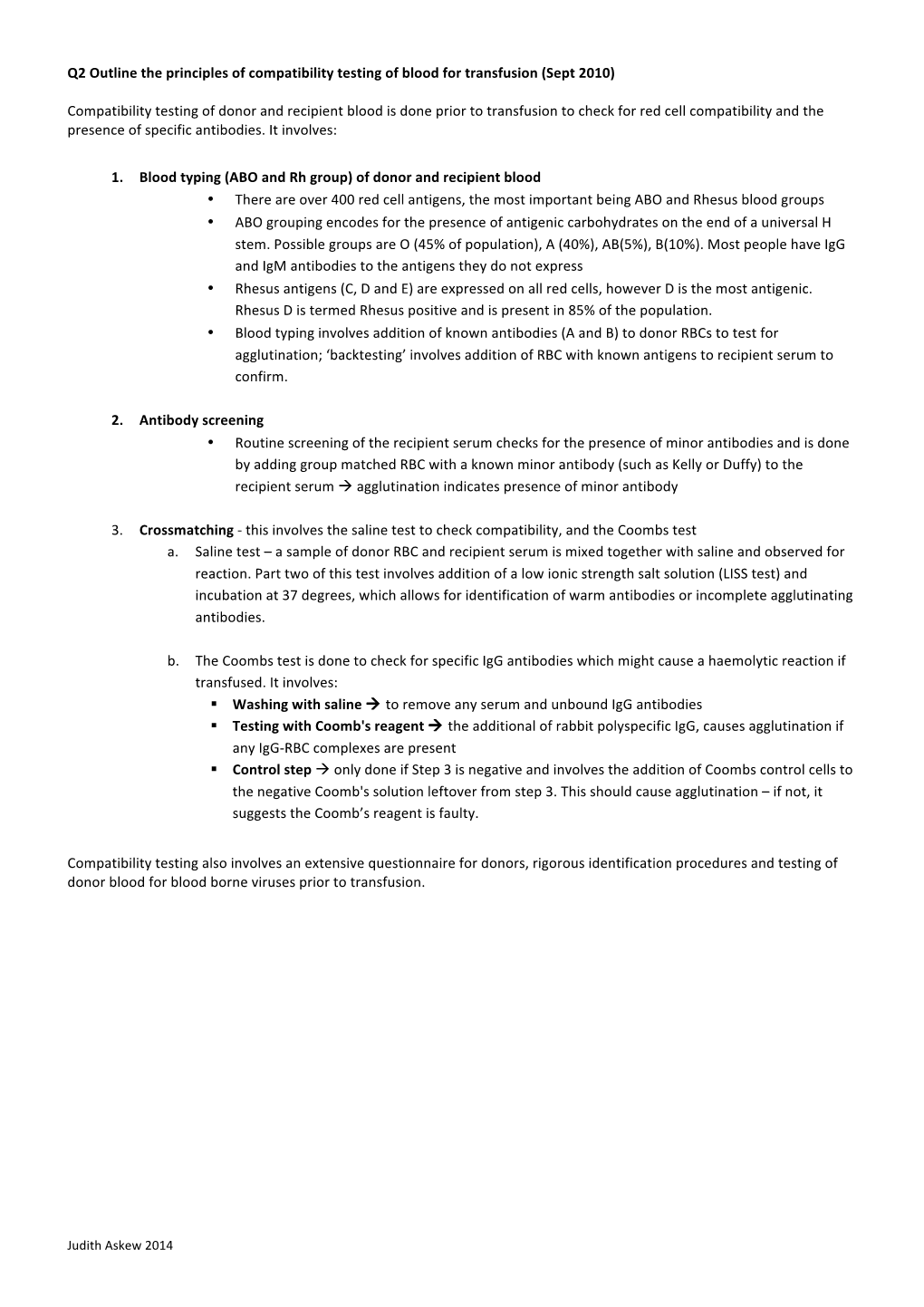 Q2 Outline the Principles of Compatibility Testing of Blood for Transfusion (Sept 2010)