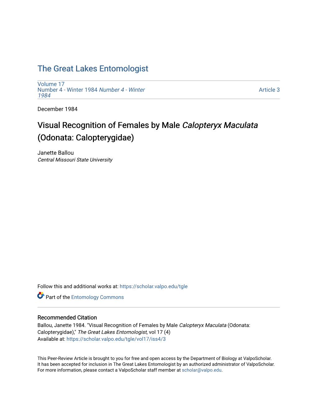 Visual Recognition of Females by Male Calopteryx Maculata (Odonata: Calopterygidae)