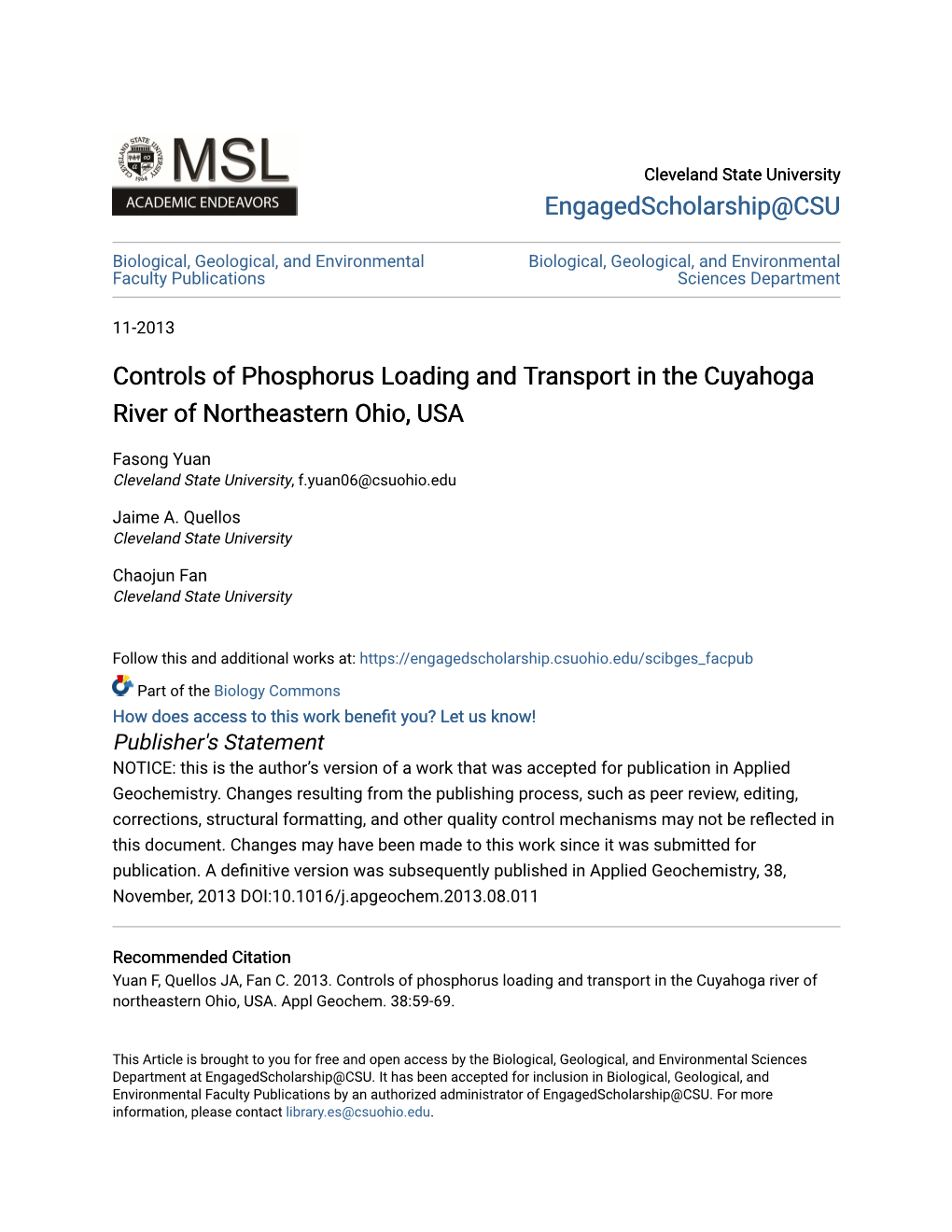 Controls of Phosphorus Loading and Transport in the Cuyahoga River of Northeastern Ohio, USA