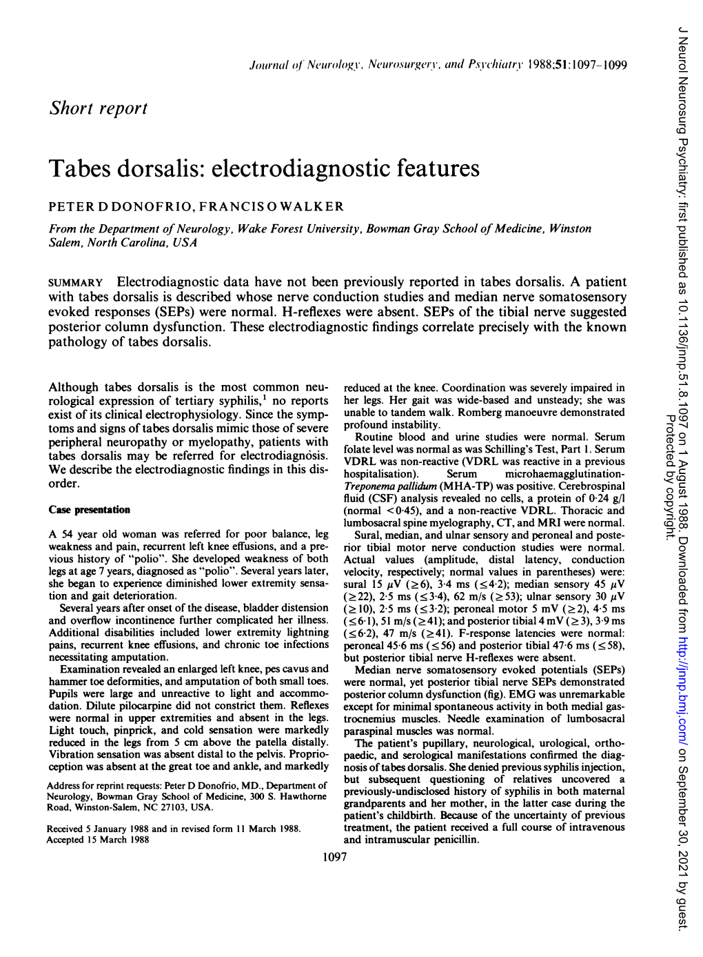 Tabes Dorsalis: Electrodiagnostic Features