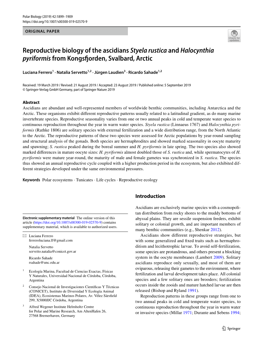 Reproductive Biology of the Ascidians Styela Rustica and Halocynthia Pyriformis from Kongsforden, Svalbard, Arctic