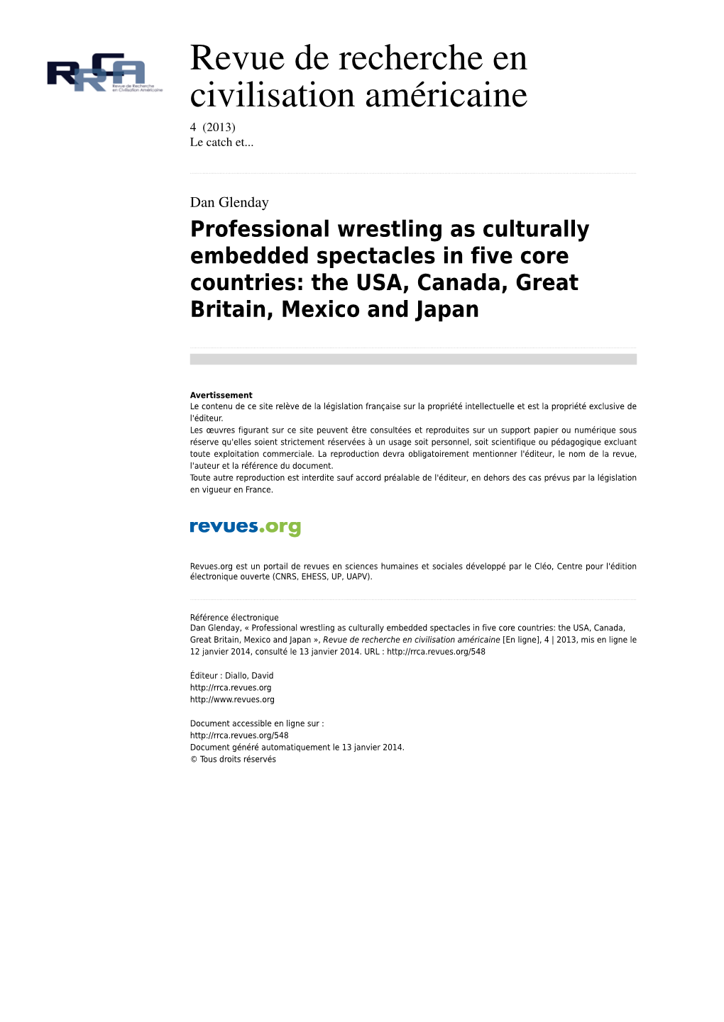 Professional Wrestling As Culturally Embedded Spectacles in Five Core Countries: the USA, Canada, Great Britain, Mexico and Japan