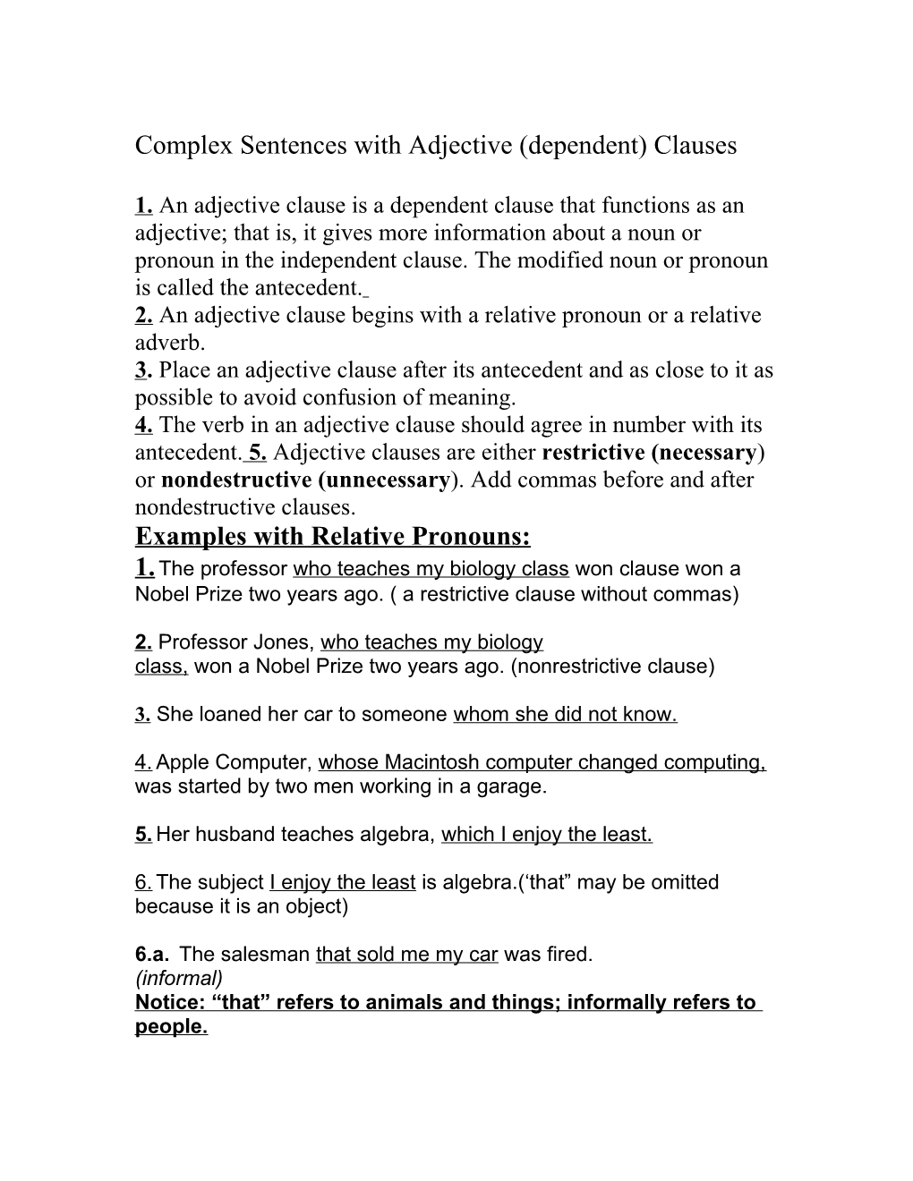 Complex Sentences with Adjective (Dependent) Clauses