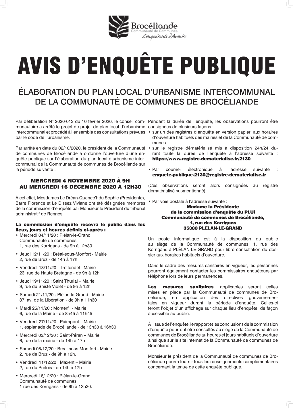 Élaboration Du Plan Local D'urbanisme Intercommunal De La Communauté De Communes De Brocéliande