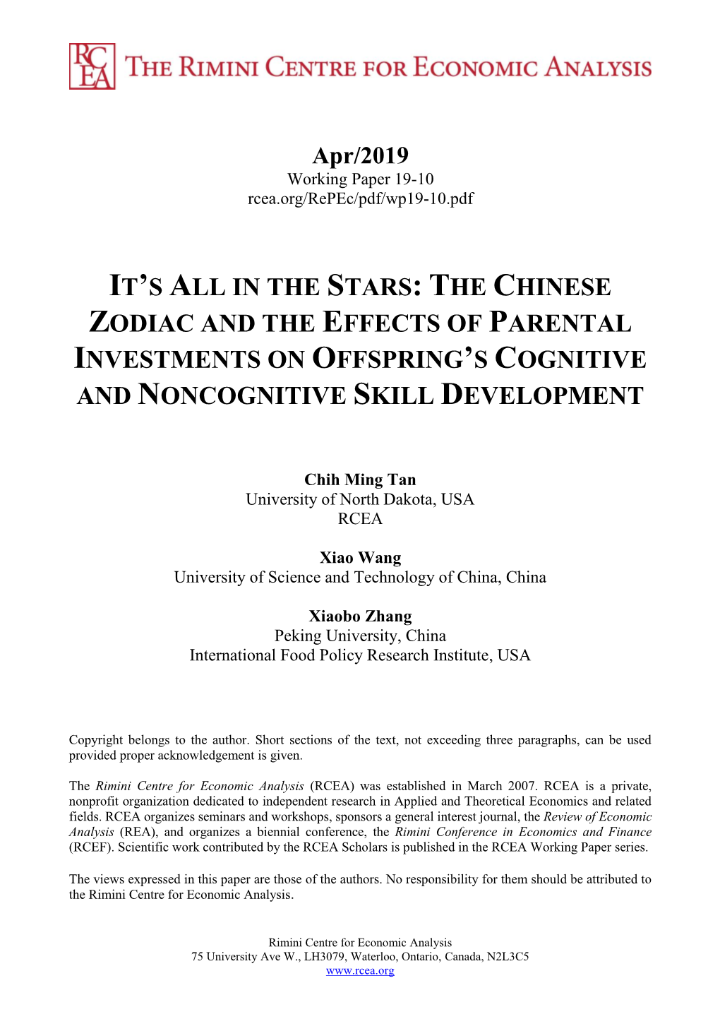 The Chinese Zodiac and the Effects of Parental Investments on Offspring’S Cognitive and Noncognitive Skill Development