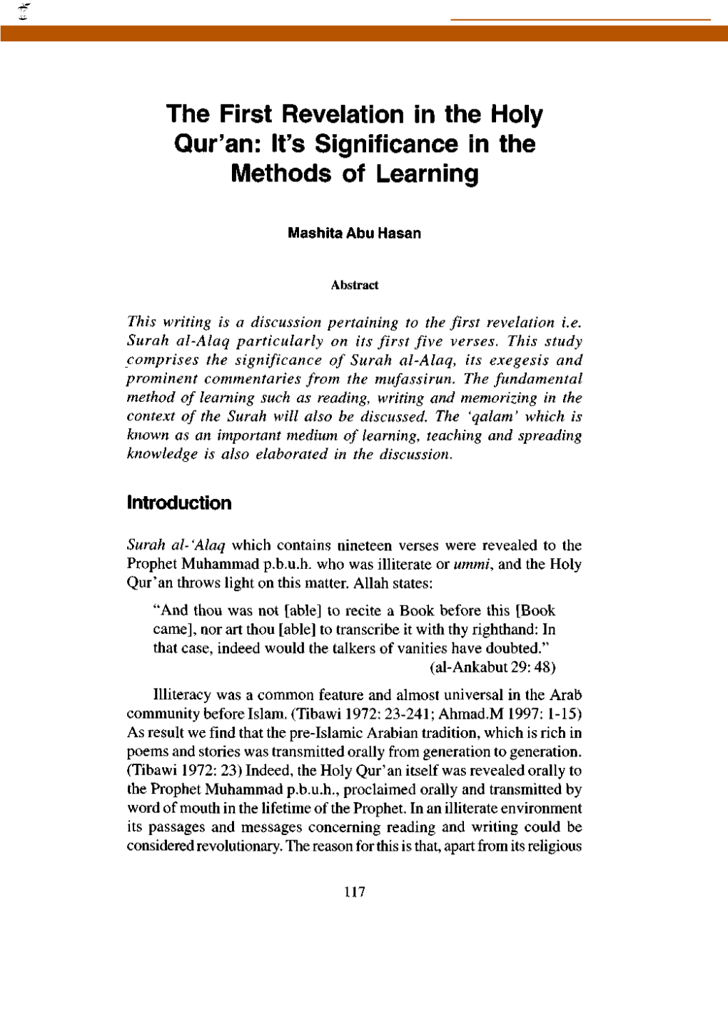 The First Revelation in the Holy Qur'an: It's Significance in the Methods of Learning