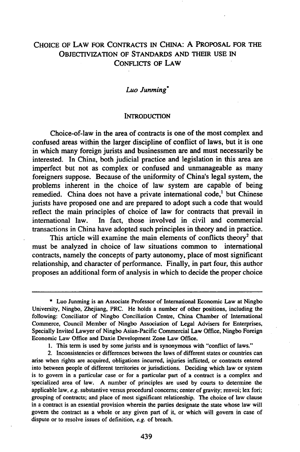 Choice of Law for Contracts in China: a Proposal for the Objectivization of Standards and Their Use in Conflicts of Law