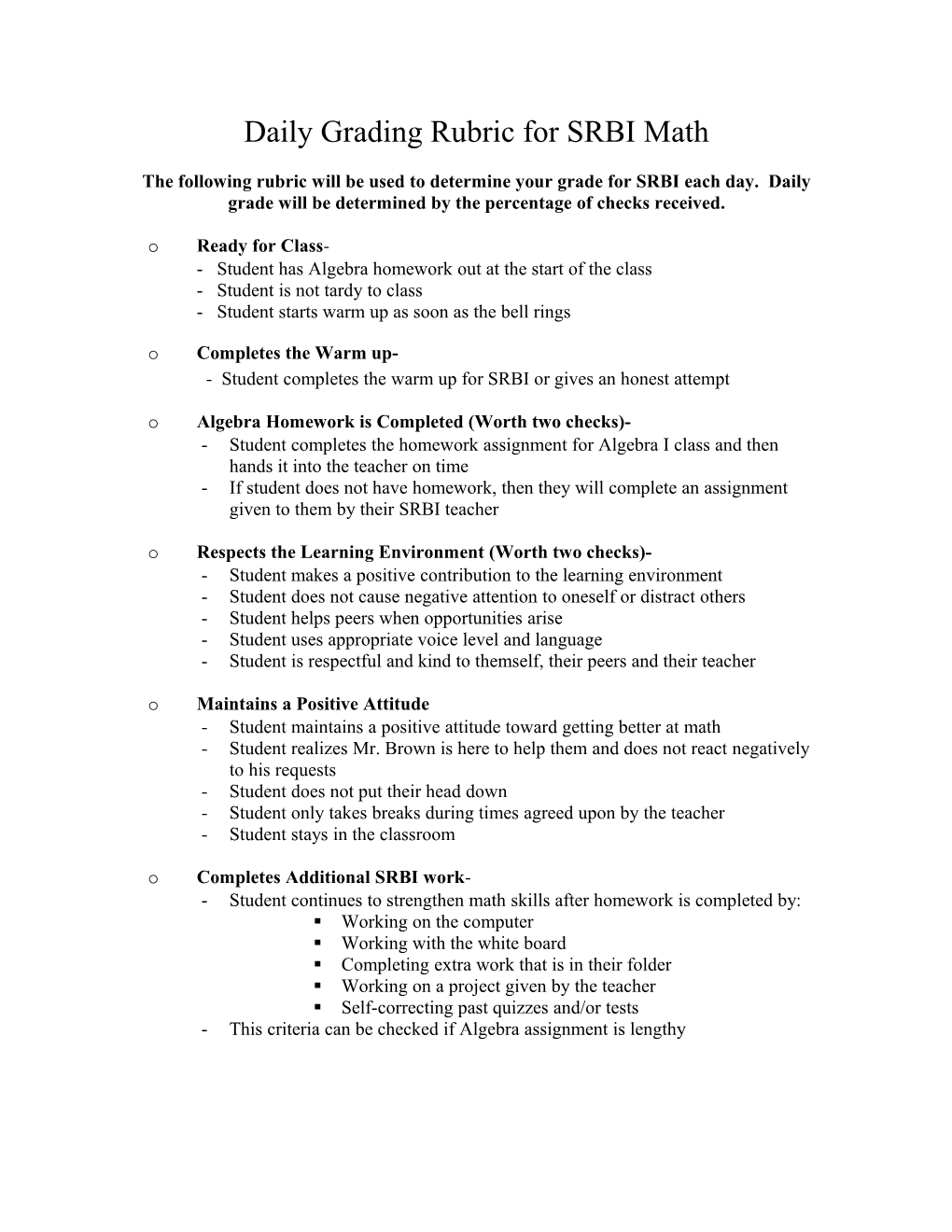 Daily Grading Rubric for SRBI Math