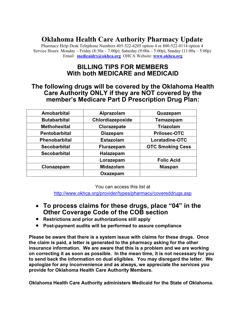 Oklahoma Health Care Authority Pharmacy Update