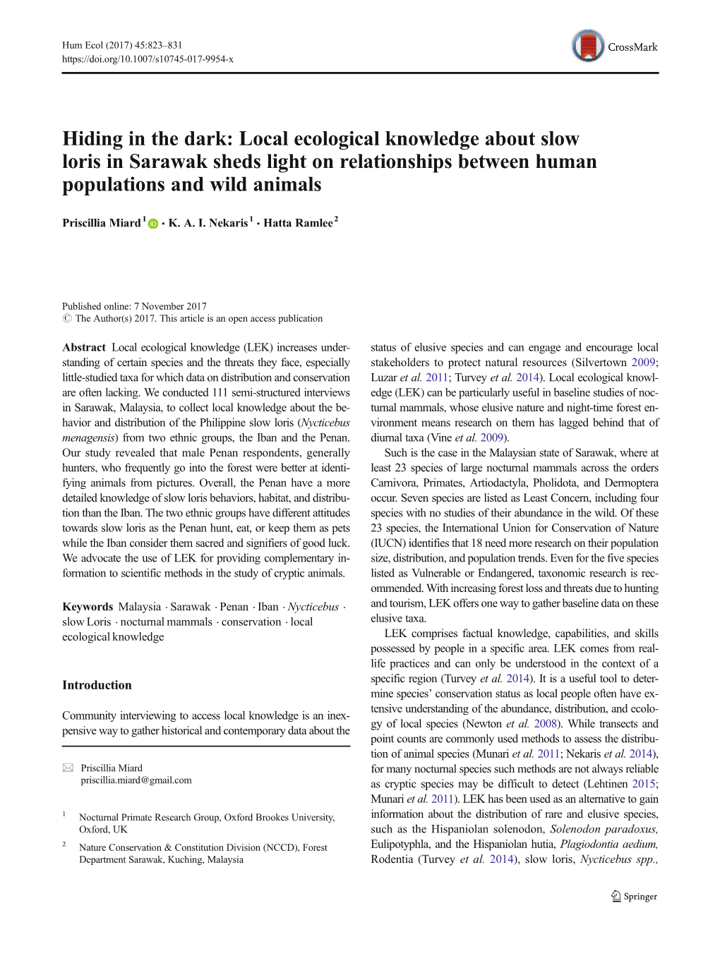 Local Ecological Knowledge About Slow Loris in Sarawak Sheds Light on Relationships Between Human Populations and Wild Animals