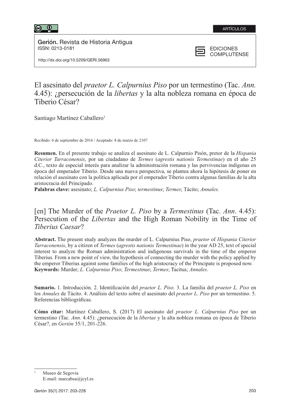 El Asesinato Del Praetor L. Calpurnius Piso Por Un Termestino (Tac