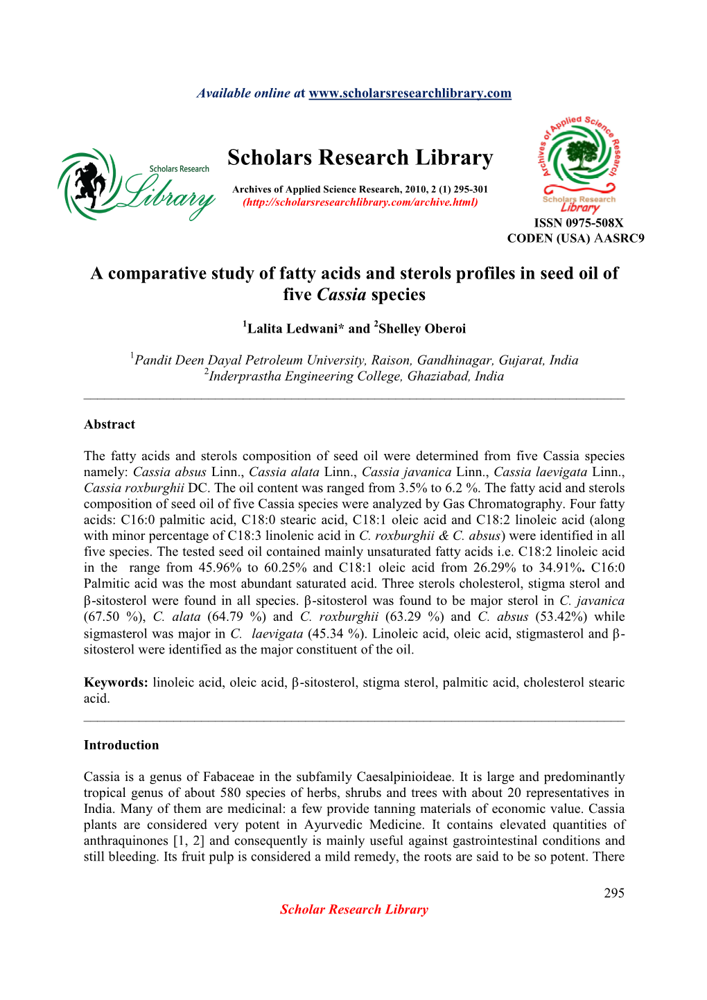 A Comparative Study of Fatty Acids and Sterols Profiles in Seed Oil of Five Cassia Species