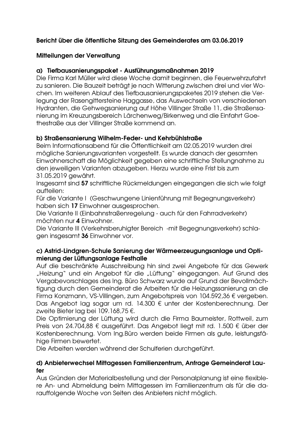 Bericht Über Die Öffentliche Sitzung Des Gemeinderates Am 03.06.2019