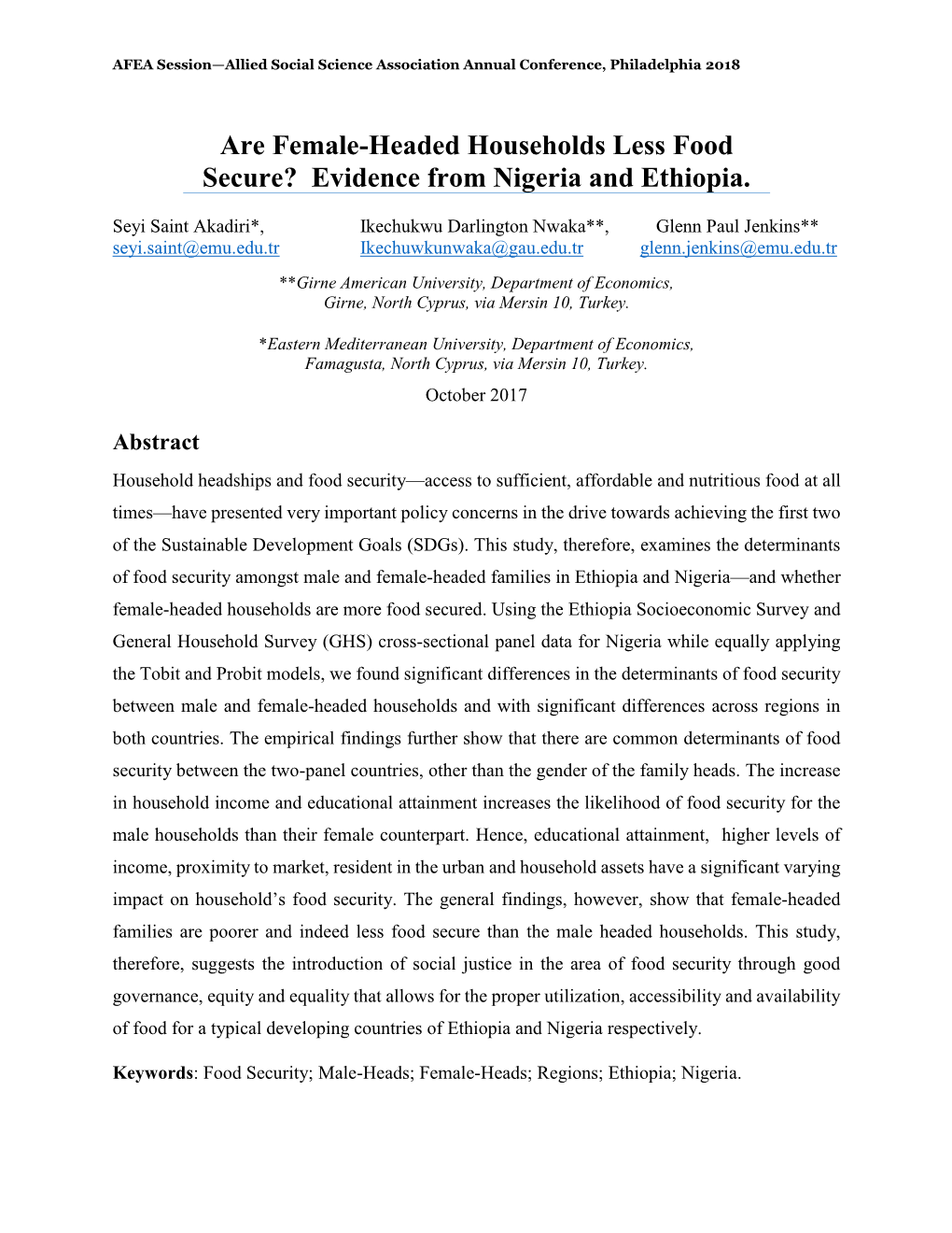 Are Female-Headed Households Less Food Secure? Evidence from Nigeria and Ethiopia