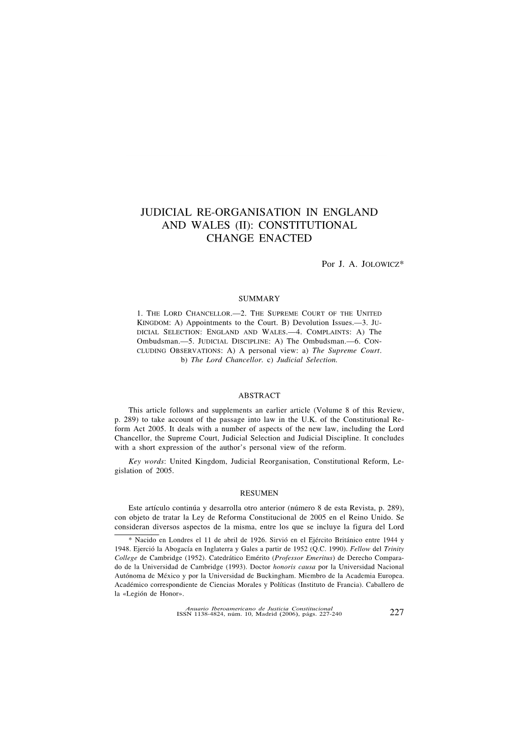 Judicial Re-Organisation in England and Wales (Ii)