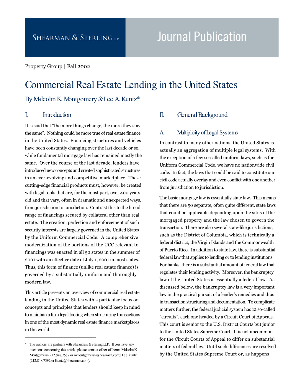 Commercial Real Estate Lending in the United States by Malcolm K