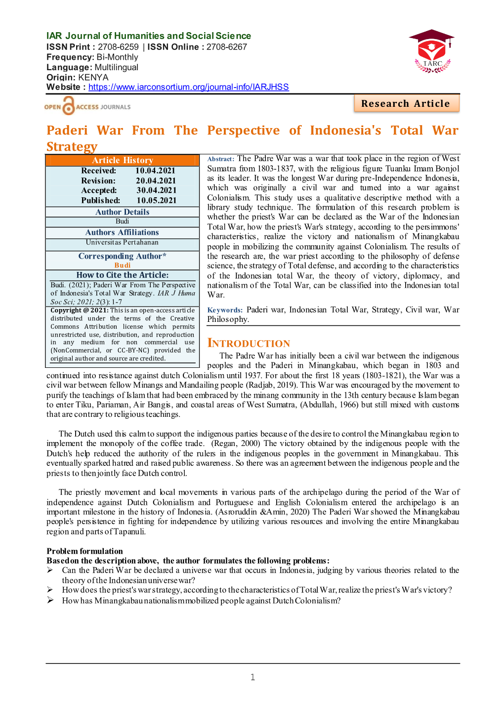 Paderi War from the Perspective of Indonesia's Total War Strategy