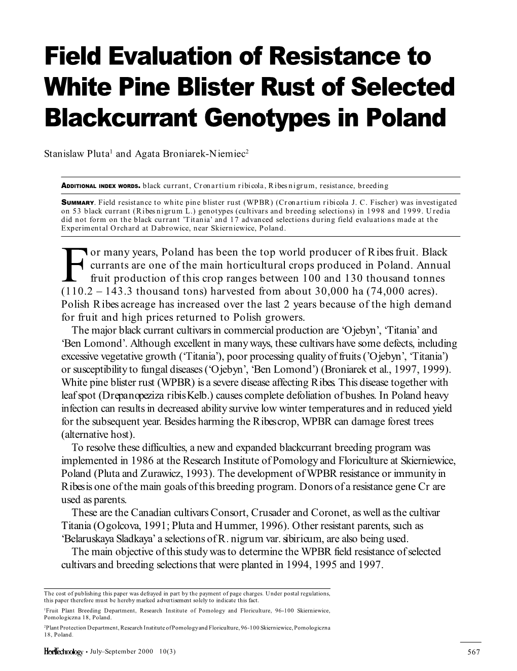 Field Evaluation of Resistance to White Pine Blister Rust of Selected Blackcurrant Genotypes in Poland