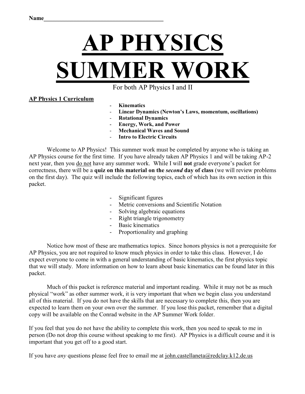 AP PHYSICS SUMMER WORK for Both AP Physics I and II