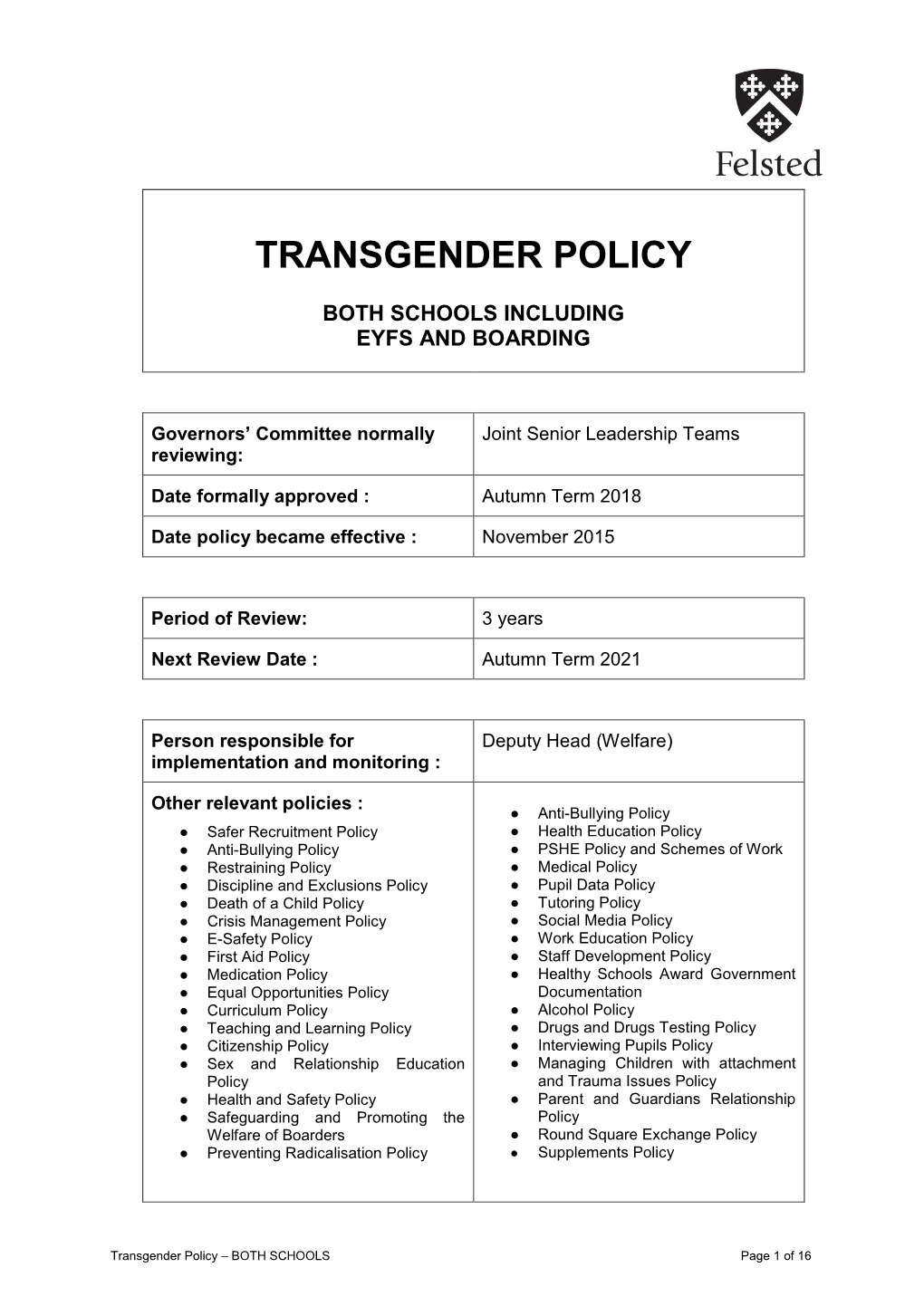 Transgender Policy