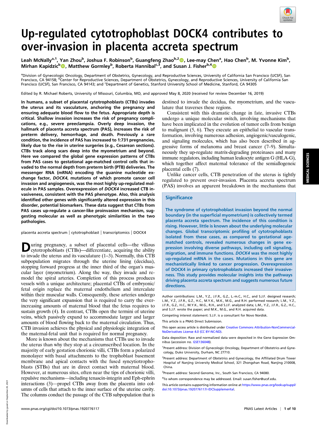 Up-Regulated Cytotrophoblast DOCK4 Contributes to Over-Invasion in Placenta Accreta Spectrum