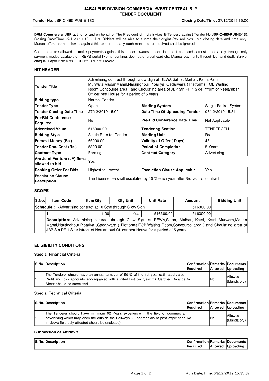 Nit Header Scope Eligibility Conditions Jabalpur Division-Commercial/West Central Rly Tender Document