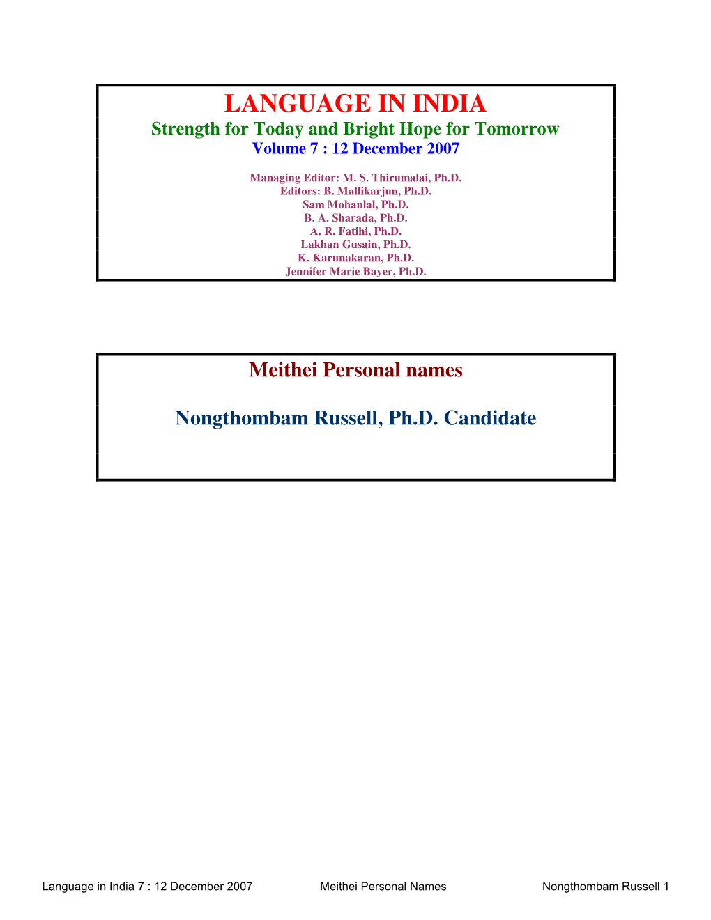 Meithei Personal Names Nongthombam Russell, Ph. D. Candidate