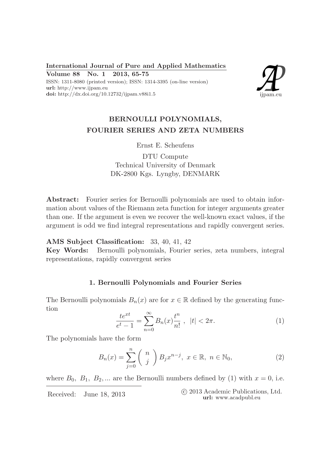 Bernoulli Polynomials, Fourier Series and Zeta Numbers