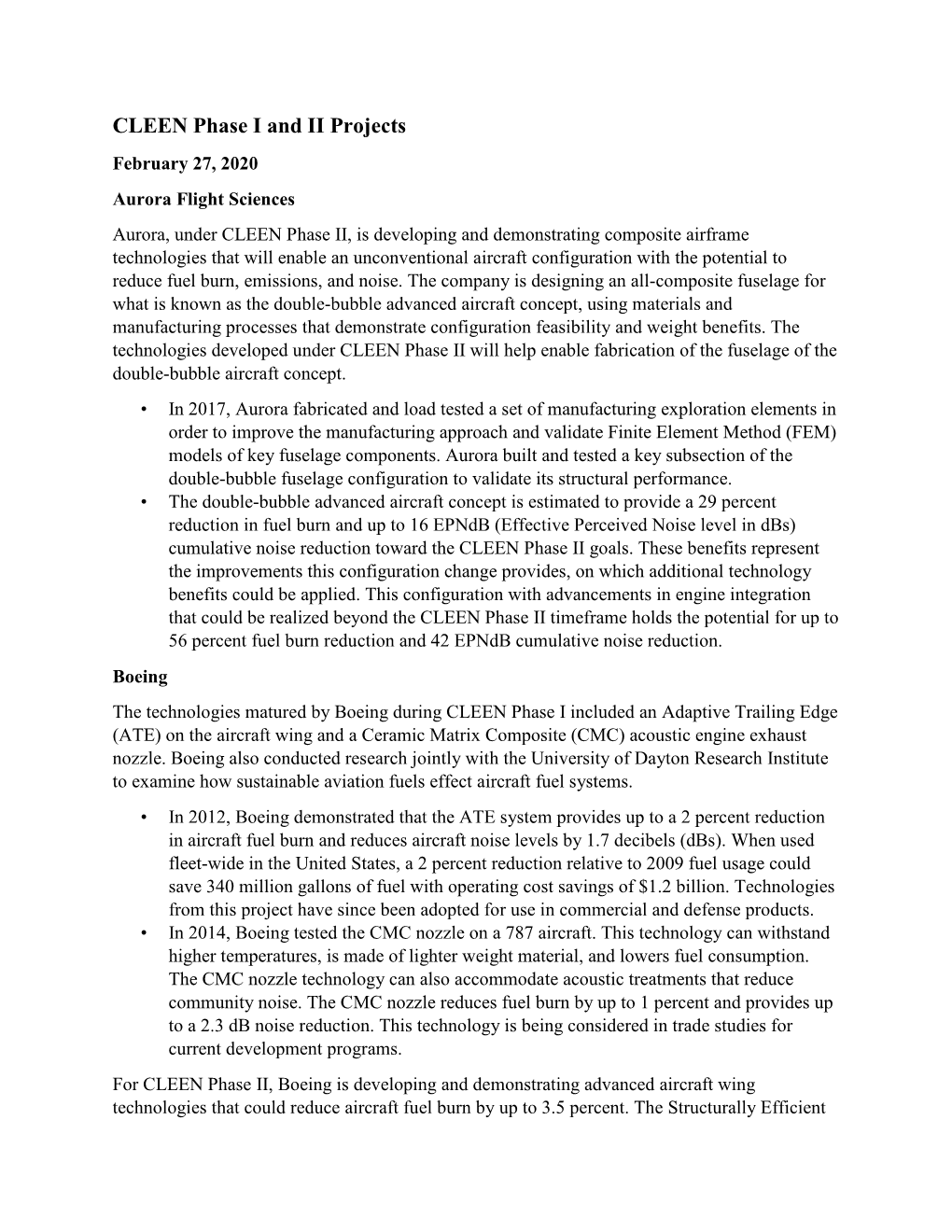 CLEEN Phase I and II Projects