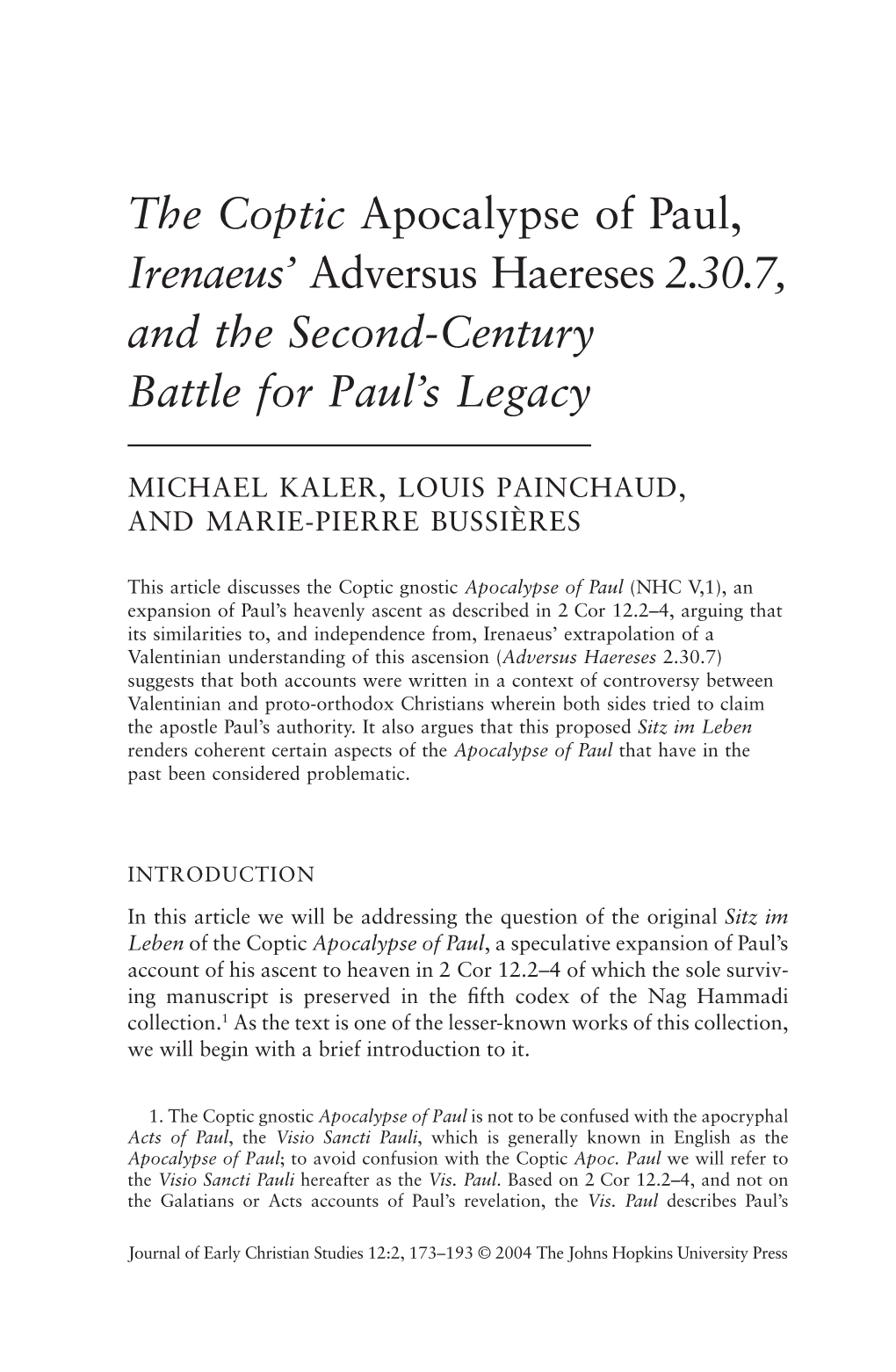 The Coptic Apocalypse of Paul, Irenaeus' Adversus Haereses 2.30