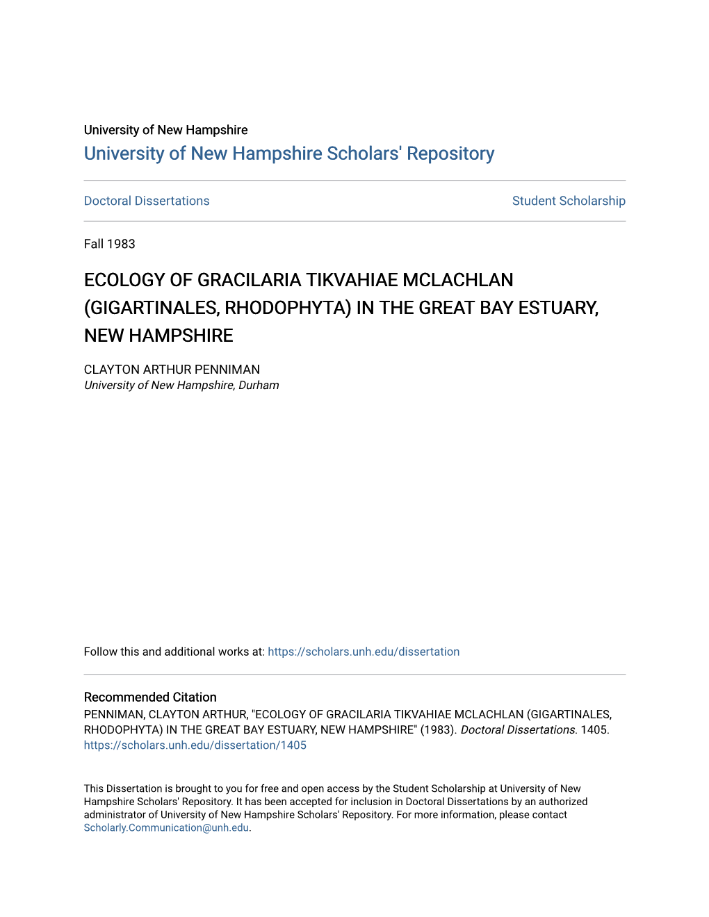 Ecology of Gracilaria Tikvahiae Mclachlan (Gigartinales, Rhodophyta) in the Great Bay Estuary, New Hampshire