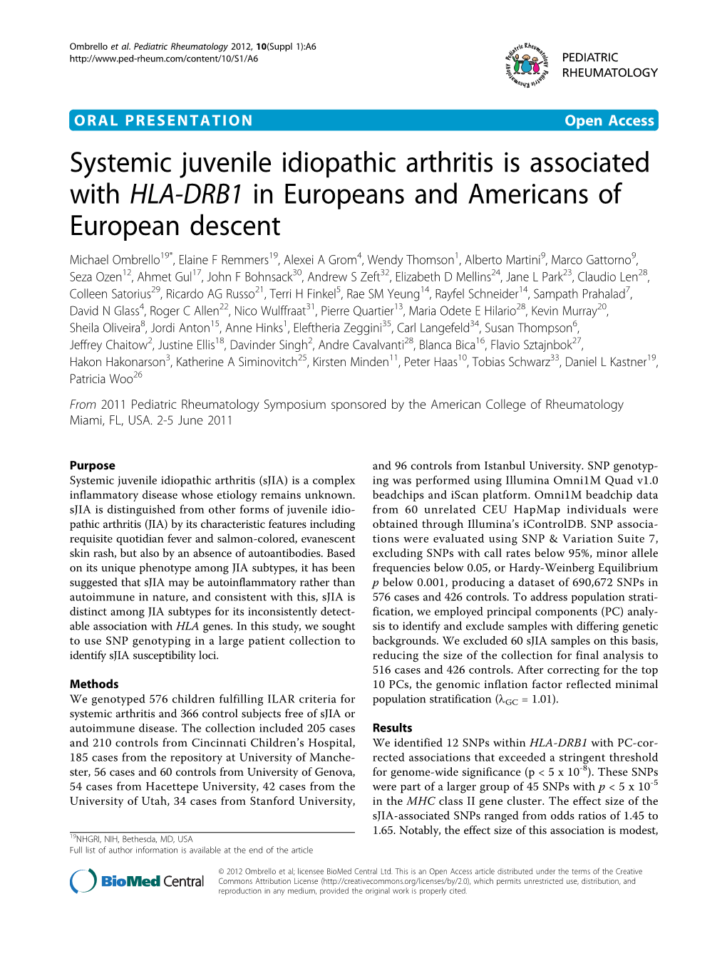 Systemic Juvenile Idiopathic Arthritis Is Associated with HLA-DRB1 In