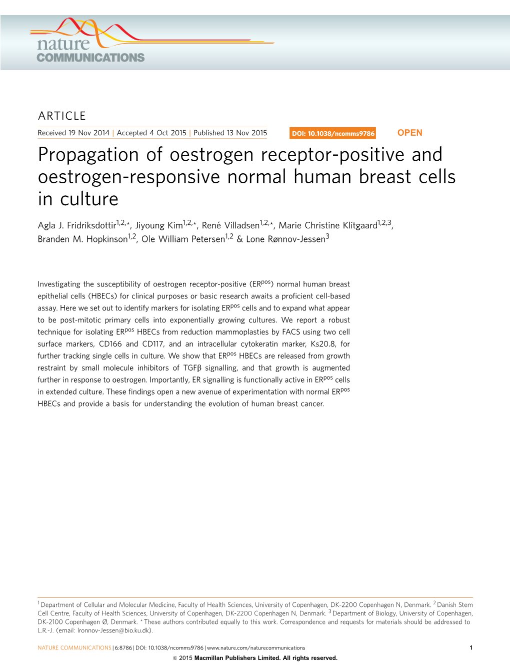 Propagation of Oestrogen Receptor-Positive and Oestrogen-Responsive Normal Human Breast Cells in Culture