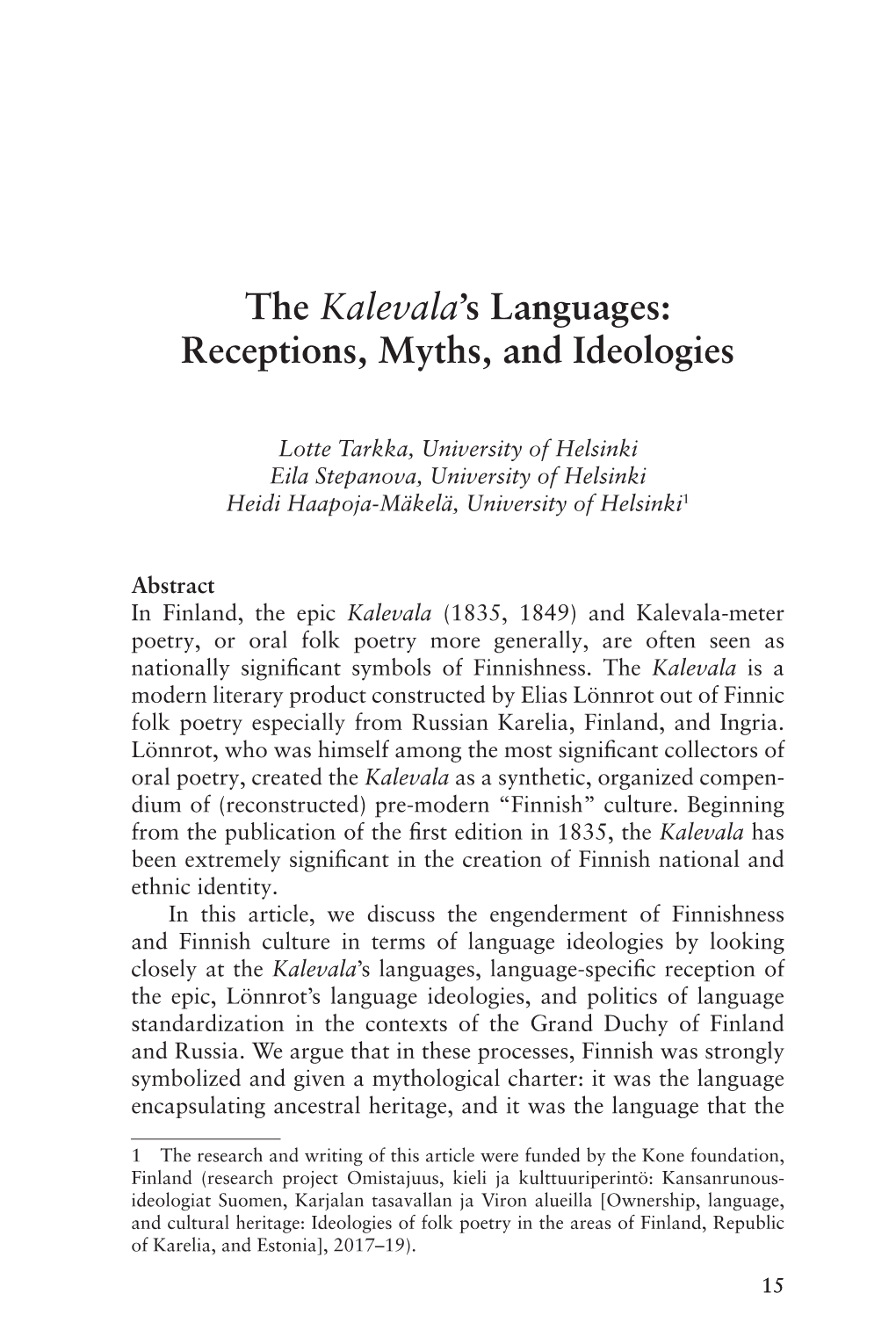 The Kalevala's Languages: Receptions, Myths, and Ideologies