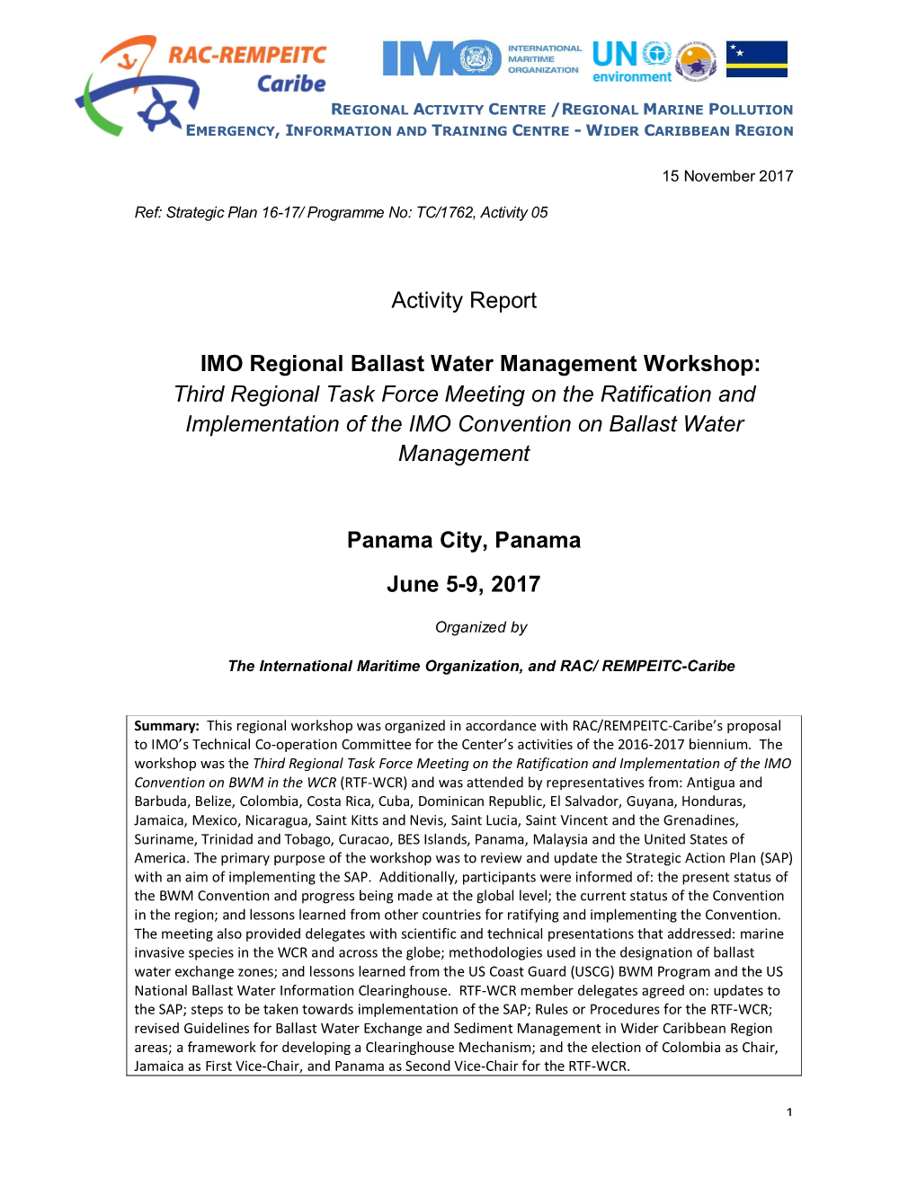 Activity Report IMO Regional Ballast Water Management Workshop