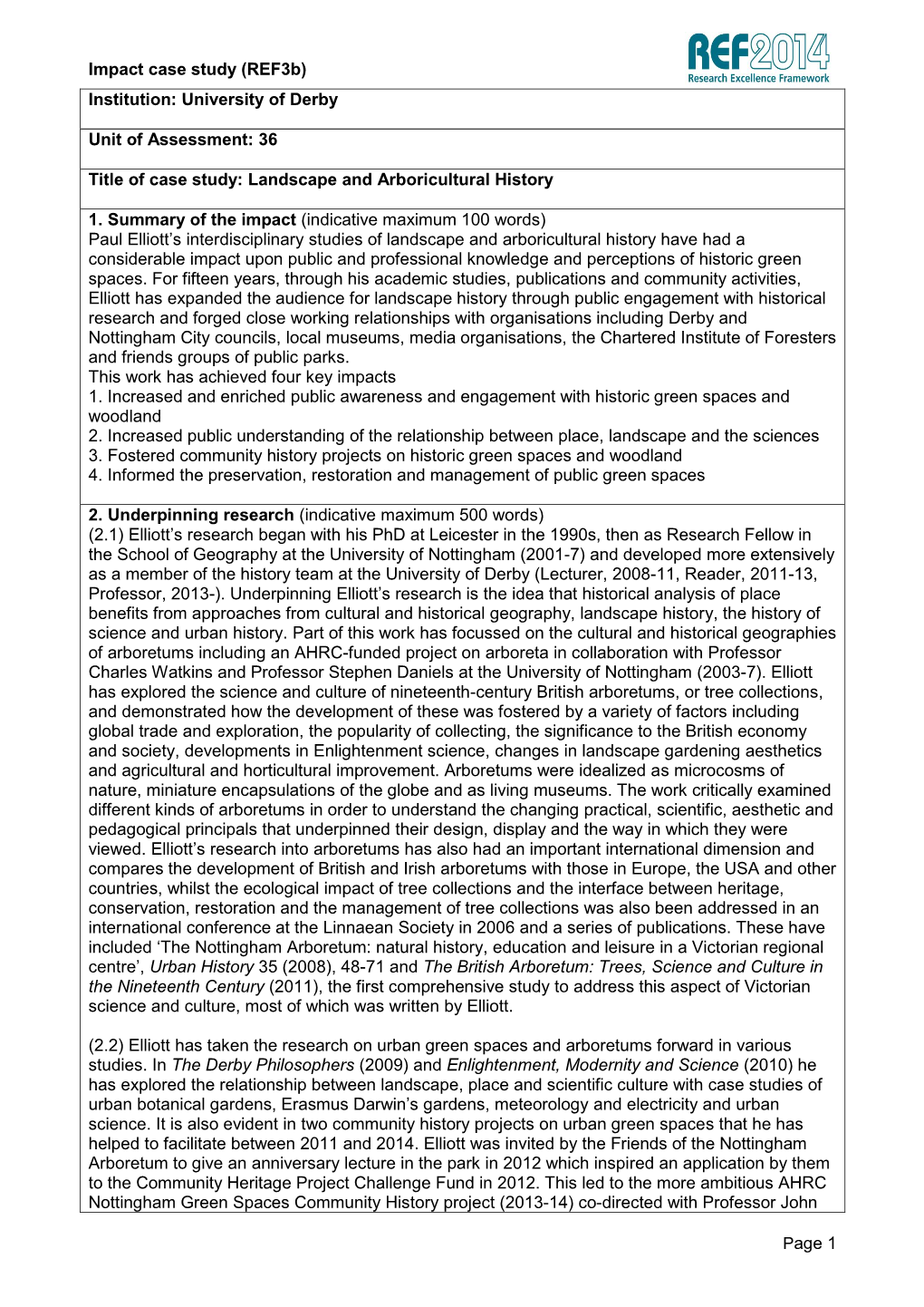 University of Derby Unit of Assessment: 36 Title of Case Study