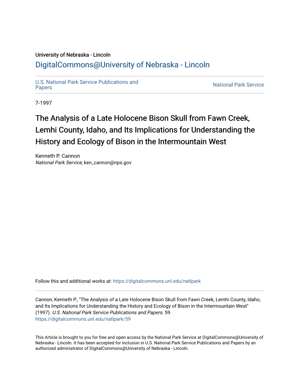 The Analysis of a Late Holocene Bison Skull from Fawn Creek