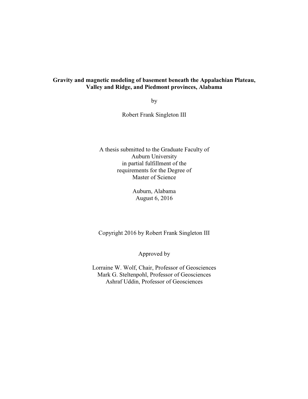 Gravity and Magnetic Modeling of Basement Beneath the Appalachian Plateau, Valley and Ridge, and Piedmont Provinces, Alabama