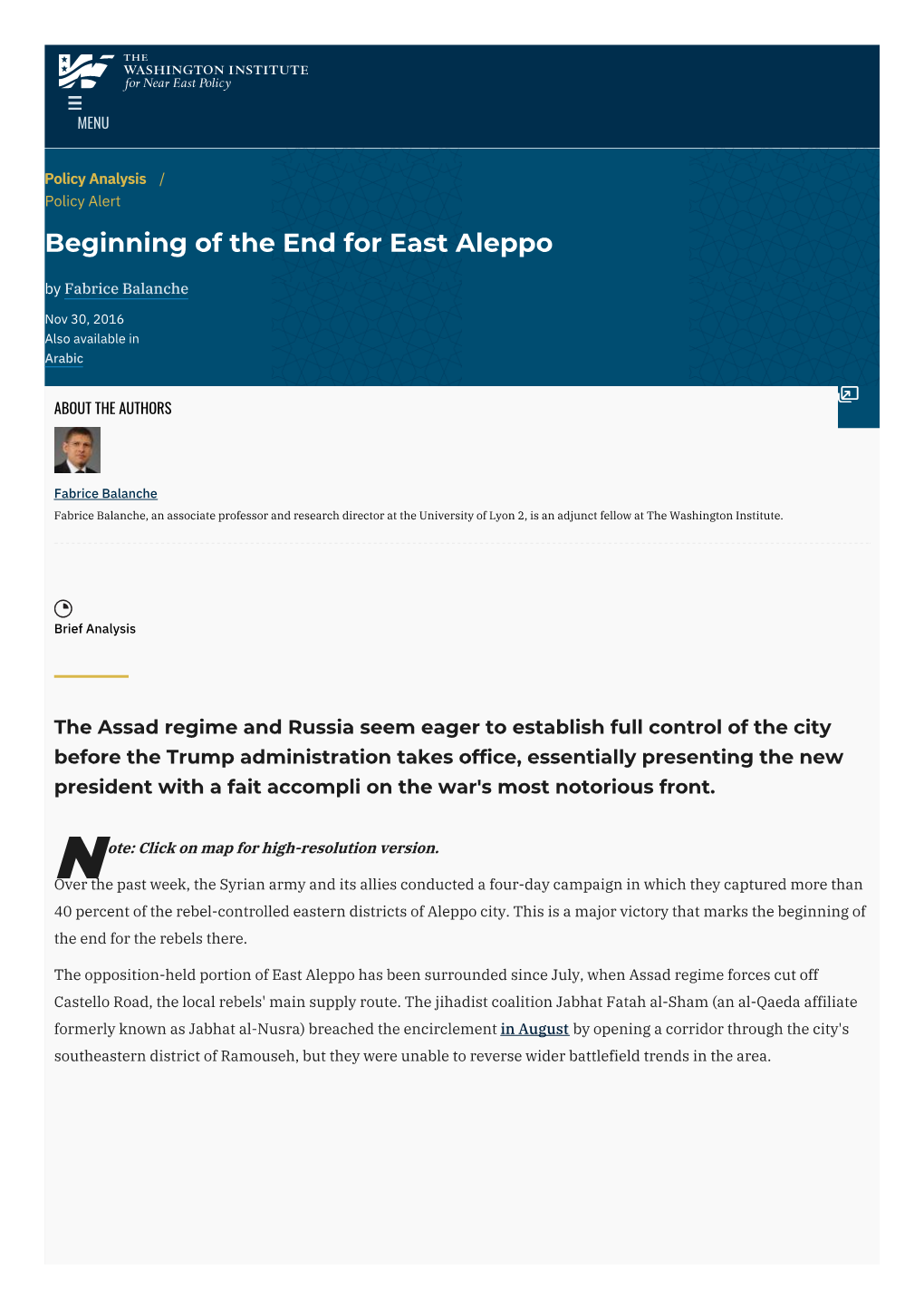 Beginning of the End for East Aleppo | the Washington Institute