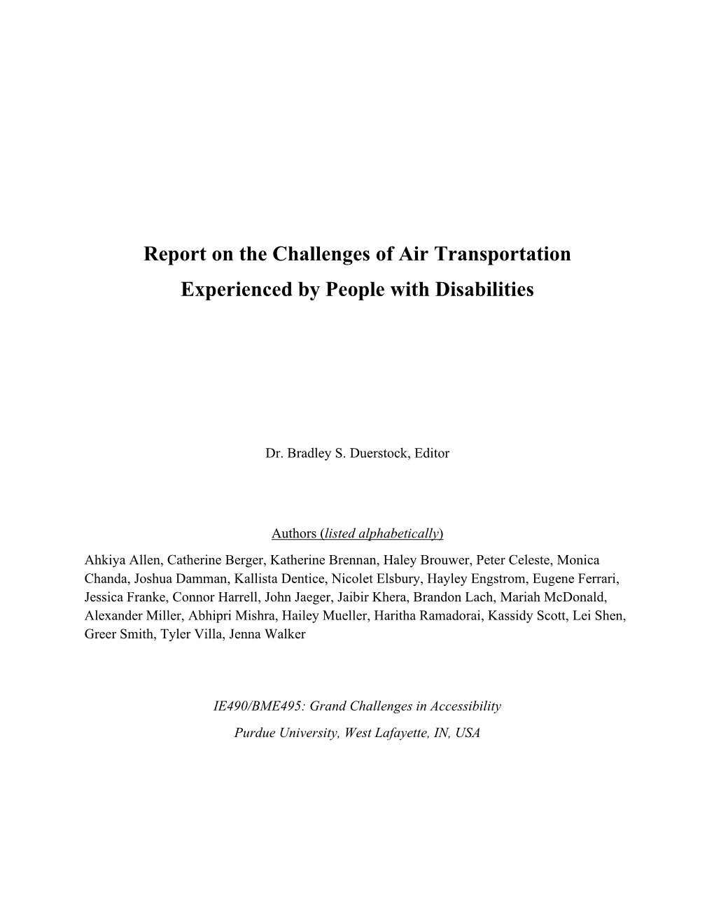 Report on the Challenges of Air Transportation Experienced by People with Disabilities