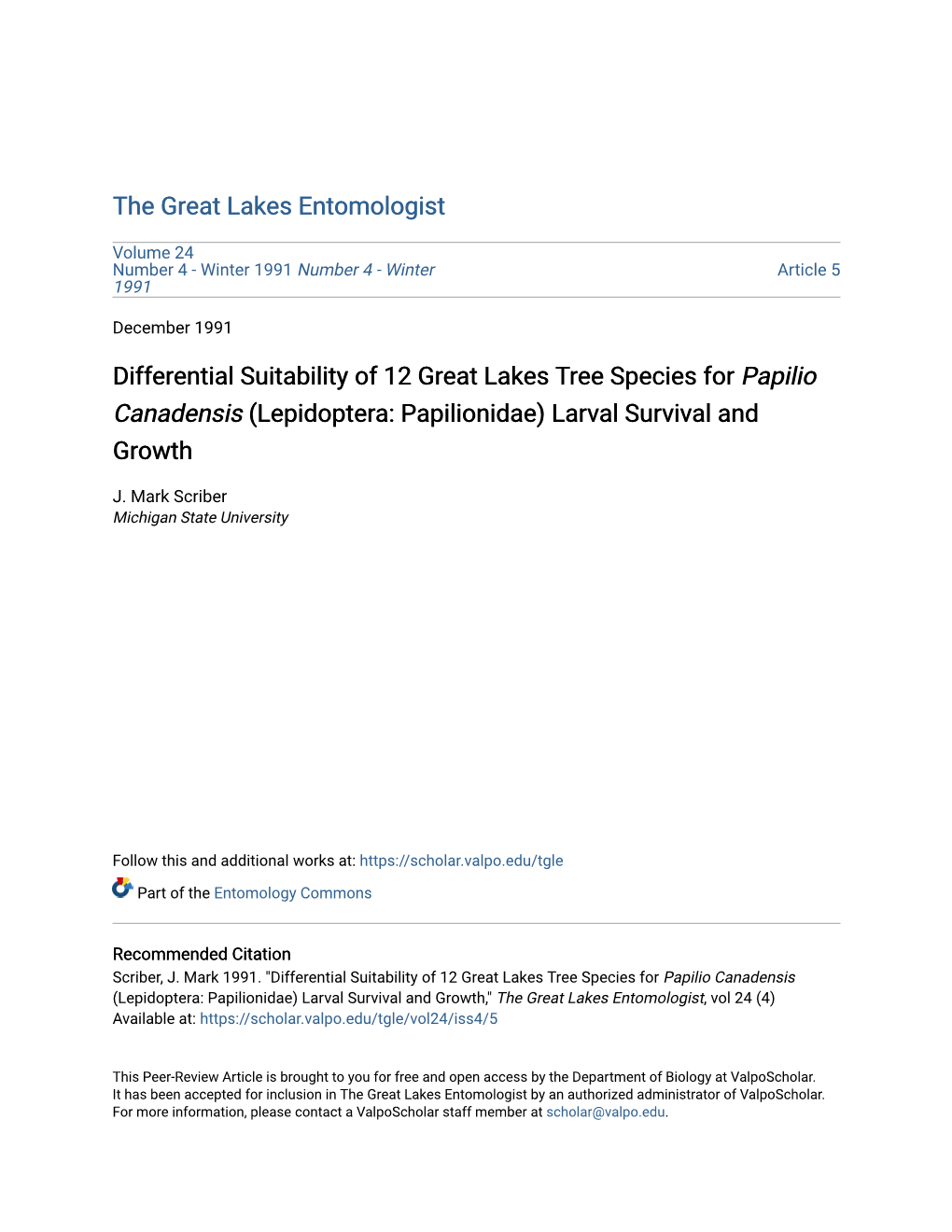 Differential Suitability of 12 Great Lakes Tree Species for Papilio Canadensis (Lepidoptera: Papilionidae) Larval Survival and Growth