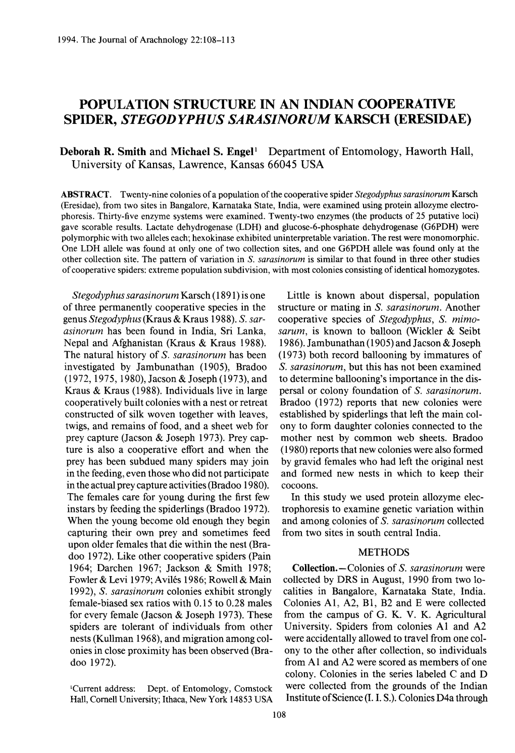 Population Structure in an Indian Cooperative Spider, Stegodyphus Sarasinorum Karsch (Eresidae)