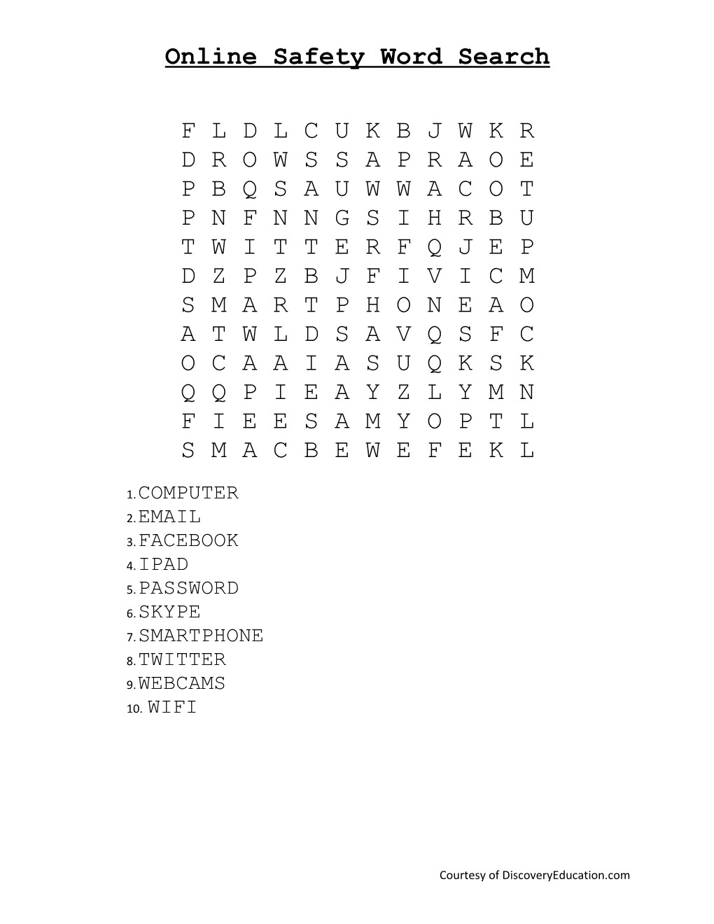 Online Safety Word Search