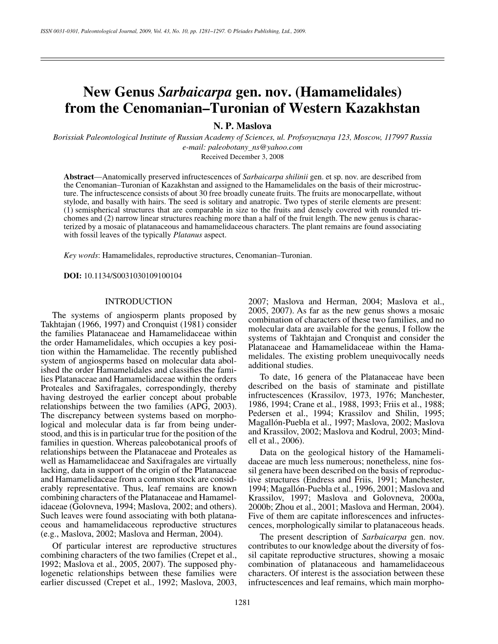 New Genus Sarbaicarpa Gen. Nov. (Hamamelidales) from the Cenomanianðturonian of Western Kazakhstan N