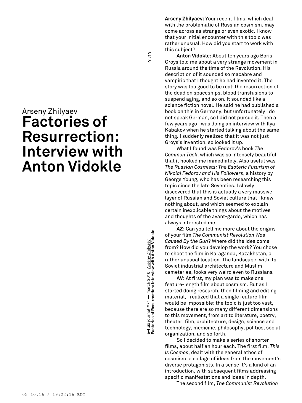 Factories of Resurrection: Interview with Anton Vidokle