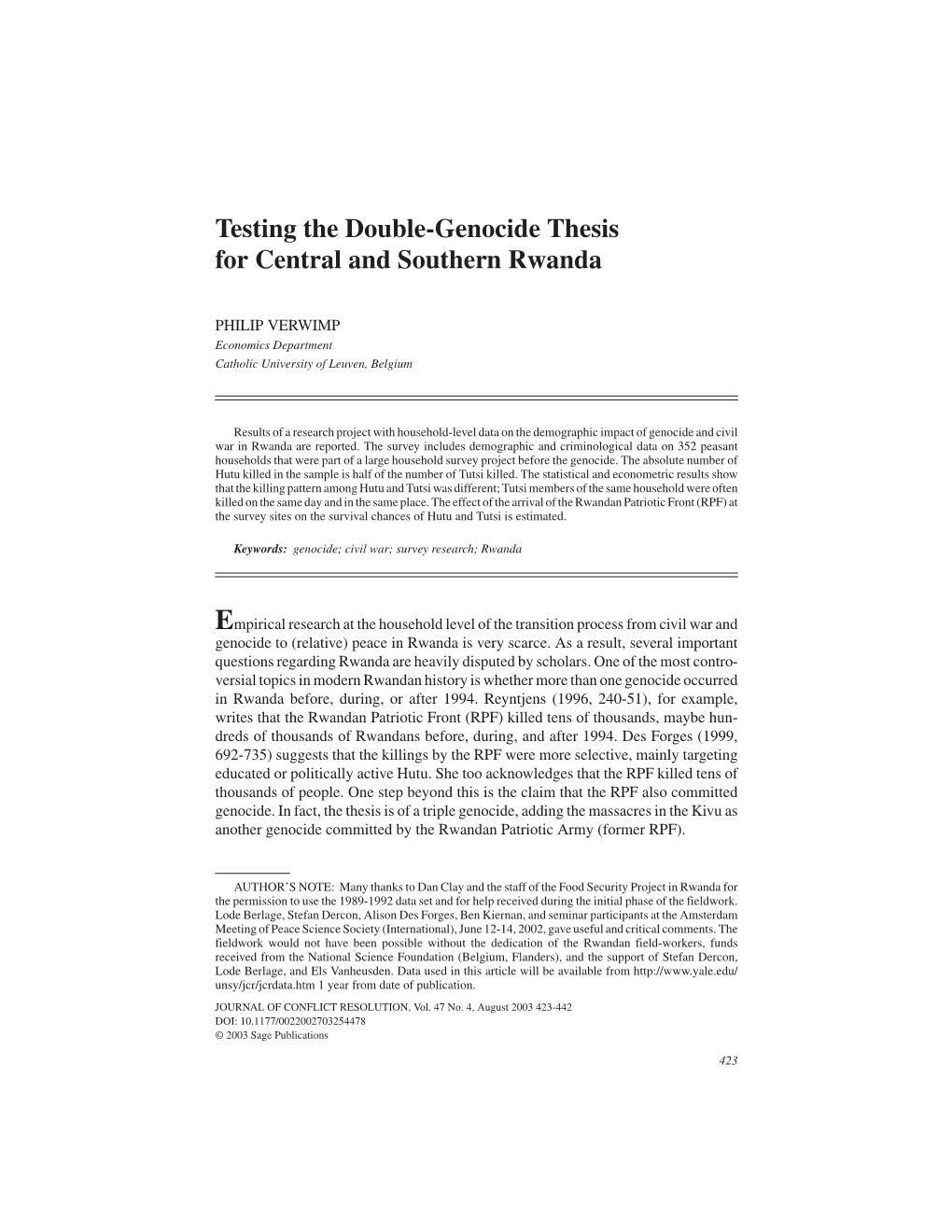 Testing the Double-Genocide Thesis for Central and Southern Rwanda