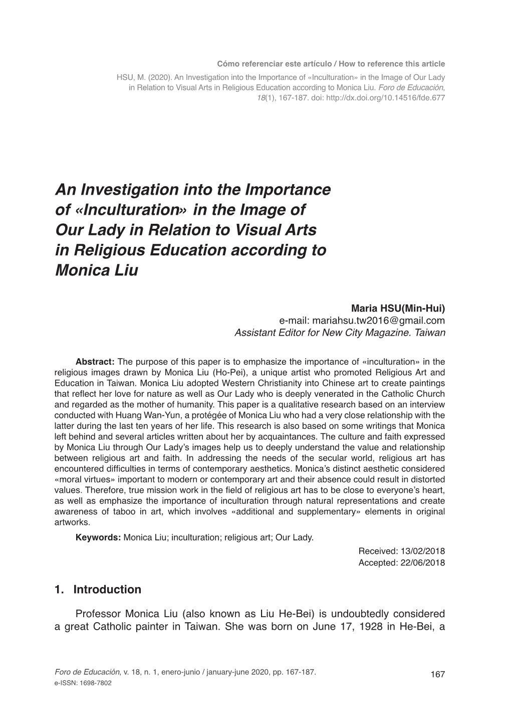 Inculturation» in the Image of Our Lady in Relation to Visual Arts in Religious Education According to Monica Liu